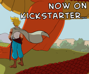 now on Kickstarter, it's a campaign to reprint The Legend of Jamie Roberts, volume 2. We see a blonde sword-wielder with their back to the viewer, standing next to an orange and red dragon